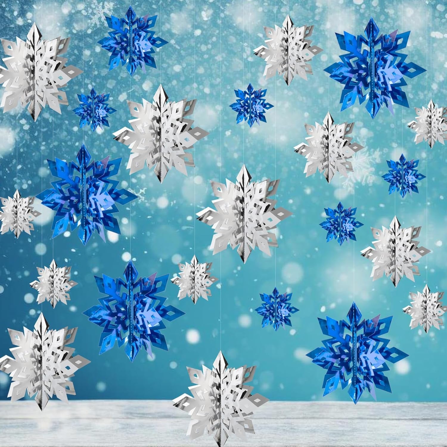 Winter Christmas Snowflake Decorations Indoor, 24PCS 3D Silver Blue Snowflakes Christmas Hanging Ornaments for Home Xmas Christmas Holiday Winter Wonderland New Year Party Decor Supplies