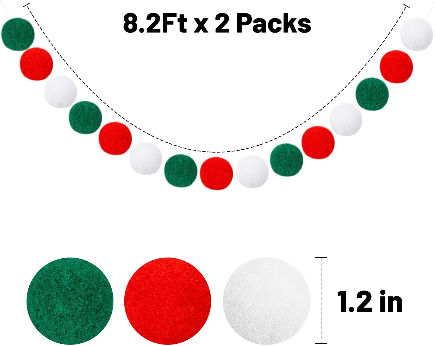 Christmas Garlands, 1.2" Large Pompom Garland Boho Decor, 16.4Ft 60 Pompom Ball Garlands, Red Green White Garlands for Christmas Party, Mexico, Italy Party Decor(1.2"/3Cm)