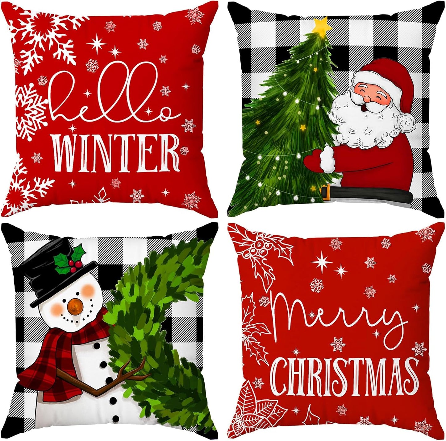 Christmas Pillow Covers 20X20 Set of 4 Christmas Decorations Snowman Wreath Santa Tree Winter Holiday Decor Throw Cushion Case for Home Couch