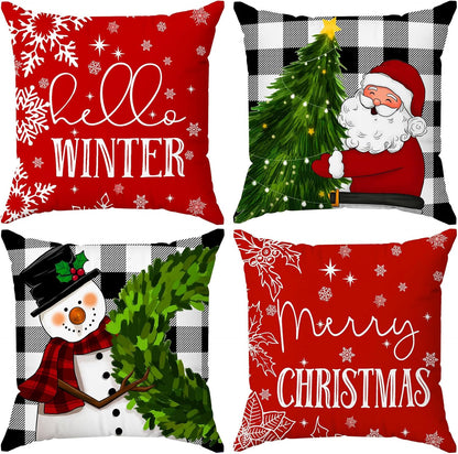 Christmas Pillow Covers 20X20 Set of 4 Christmas Decorations Snowman Wreath Santa Tree Winter Holiday Decor Throw Cushion Case for Home Couch