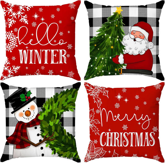 Red Christmas Pillow Covers 18X18 Set of 4 Christmas Decorations Snowman Wreath Santa Tree Winter Holiday Decor Throw Cushion Case for Home Couch