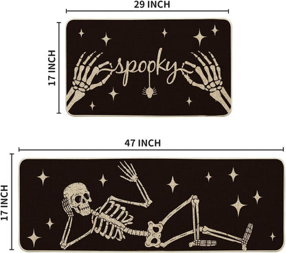 Spooky Skeleton Spider Bone Black Halloween Kitchen Mats Set of 2, Black Home Decor Low-Profile Kitchen Rugs for Floor - 17X29 and 17X47 Inch