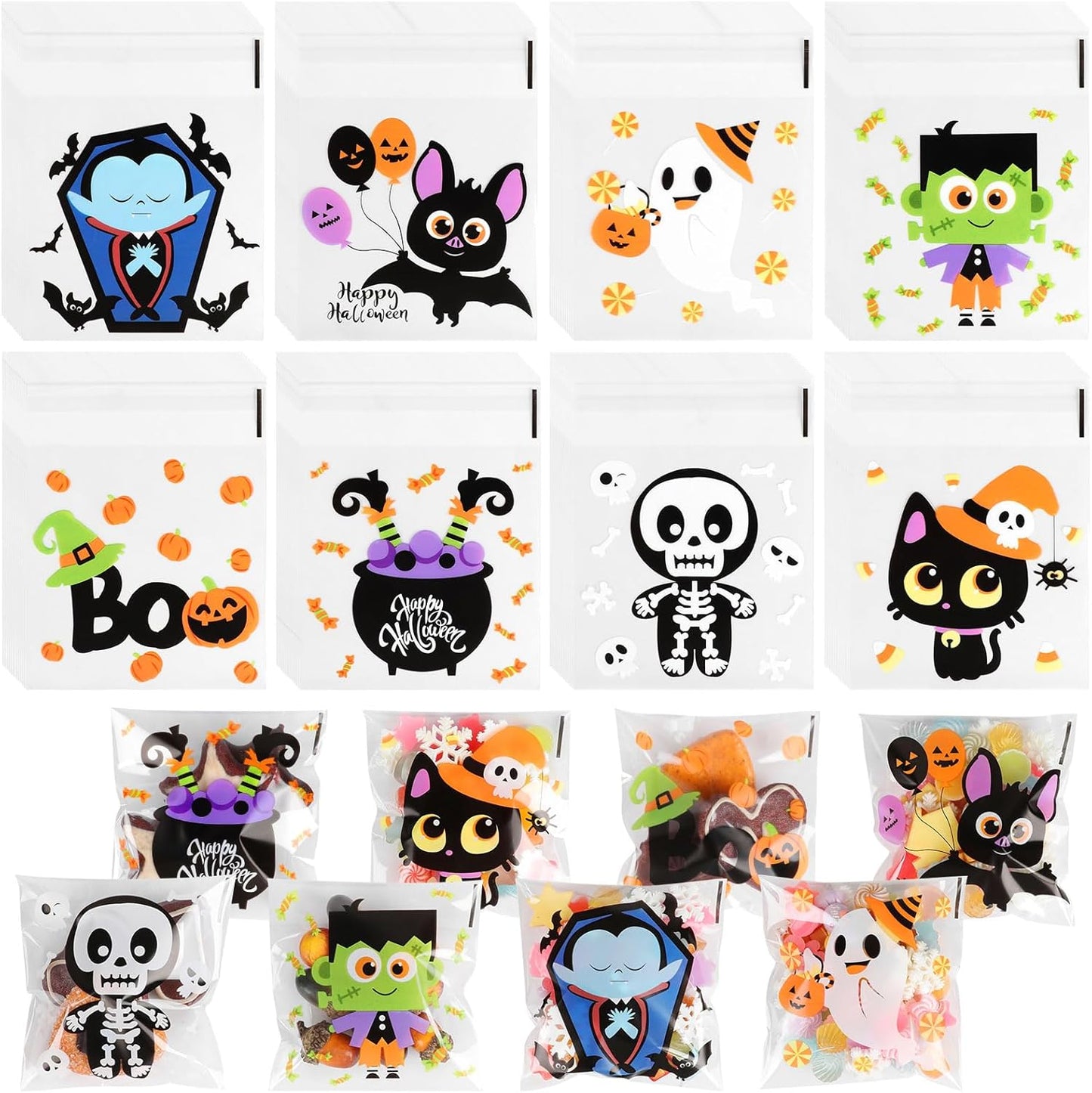 240Pcs Halloween Treat Bags Clear Self-Adhesive Candy Bags Cellophane Plastic Cookie Bags for Party Favors Halloween Decoration