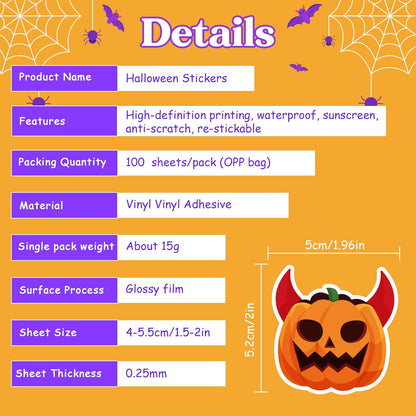 Halloween Stickers | 100 PCS Halloween Party Favors - Halloween Stickers for Kids - Vinyl Halloween Games Toys Gifts Party Supplies - Kids Halloween Crafts Accessories Treats Bulk for Classroom