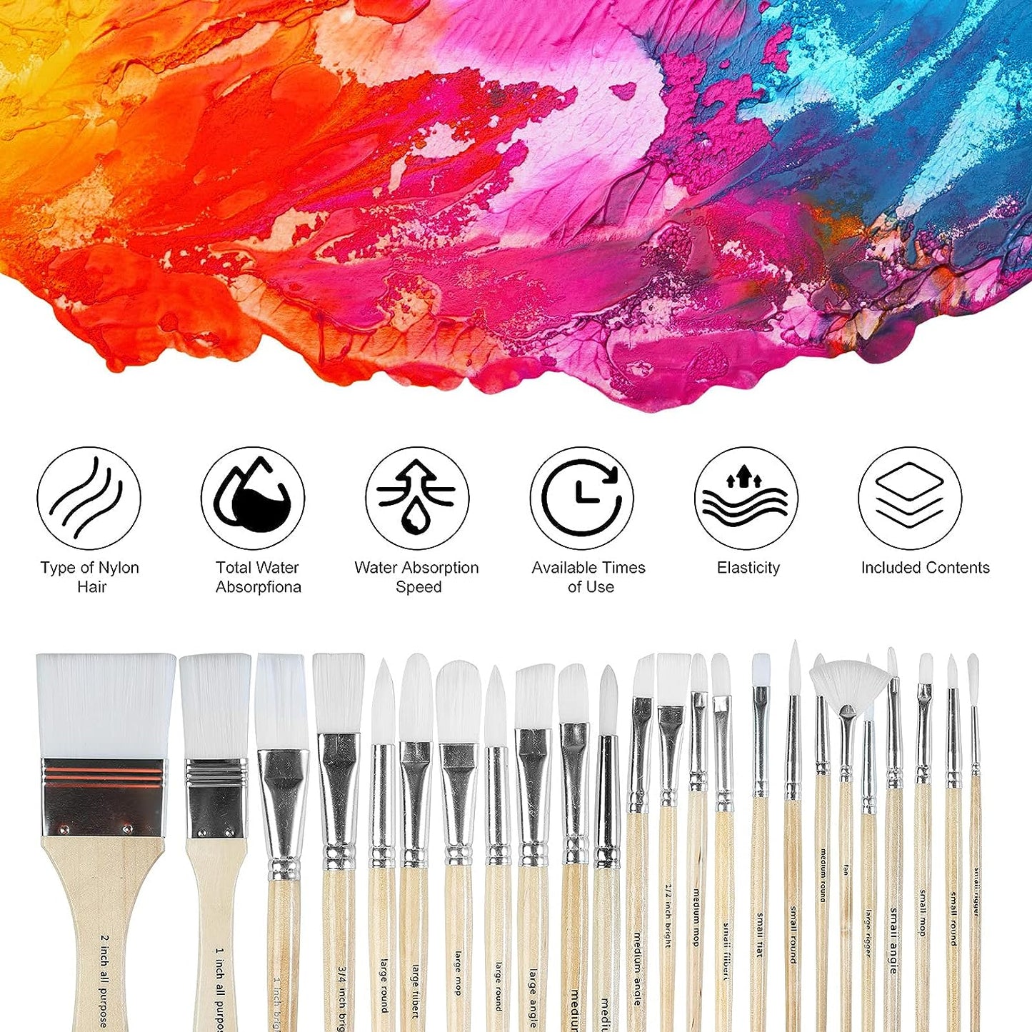 Paint Brushes Set of 24 Pieces Wooden Handles Brushes with Canvas Brush Case, Professional for Oil, Acrylic and Watercolor Painting