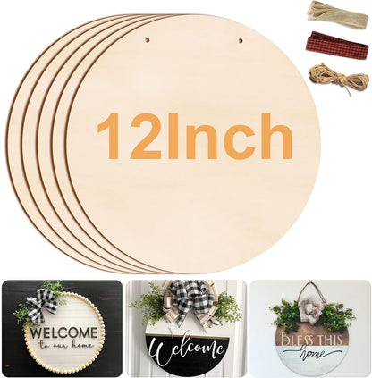 12 Inch Wood Circles for Crafts, 5Pcs Unfinished Wood Crafts, DIY Wood Rounds for Cricut Projects, Door Hanger, Wood Burning, Painting, Independence Day Decor, Holiday Home Decorations (5PCS)