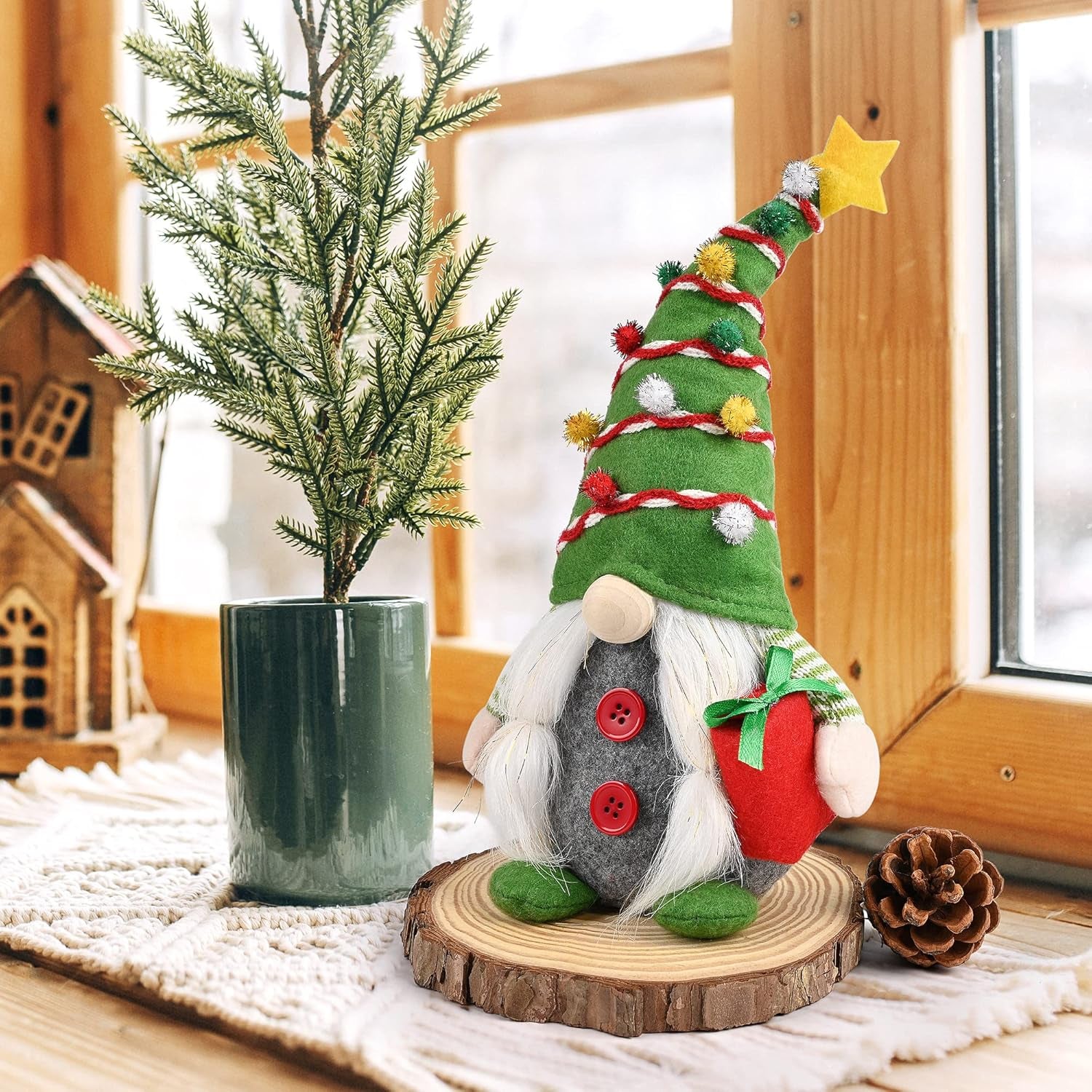 Christmas Gnomes Decorations, 2PCS Handmade Swedish Tomte Xmas Gnomes Plush Ornaments, Scandinavian Santa Figurines with Pine Cone Gift, Elf Doll Christmas Table Home Decorations(12 In)