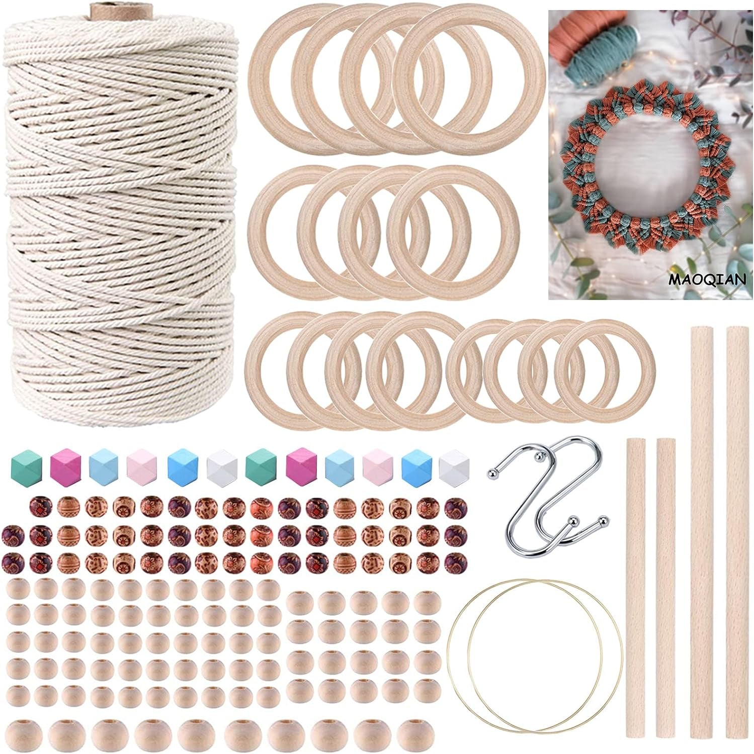 120Pcs Macrame Kits for Beginners 3Mm X 109Yards Natural Cotton Macrame Cord with Wooden Beads & Rings,Wooden Sticks,Metal Rings Macrame Supplies Best for Macrame Plant Hanger