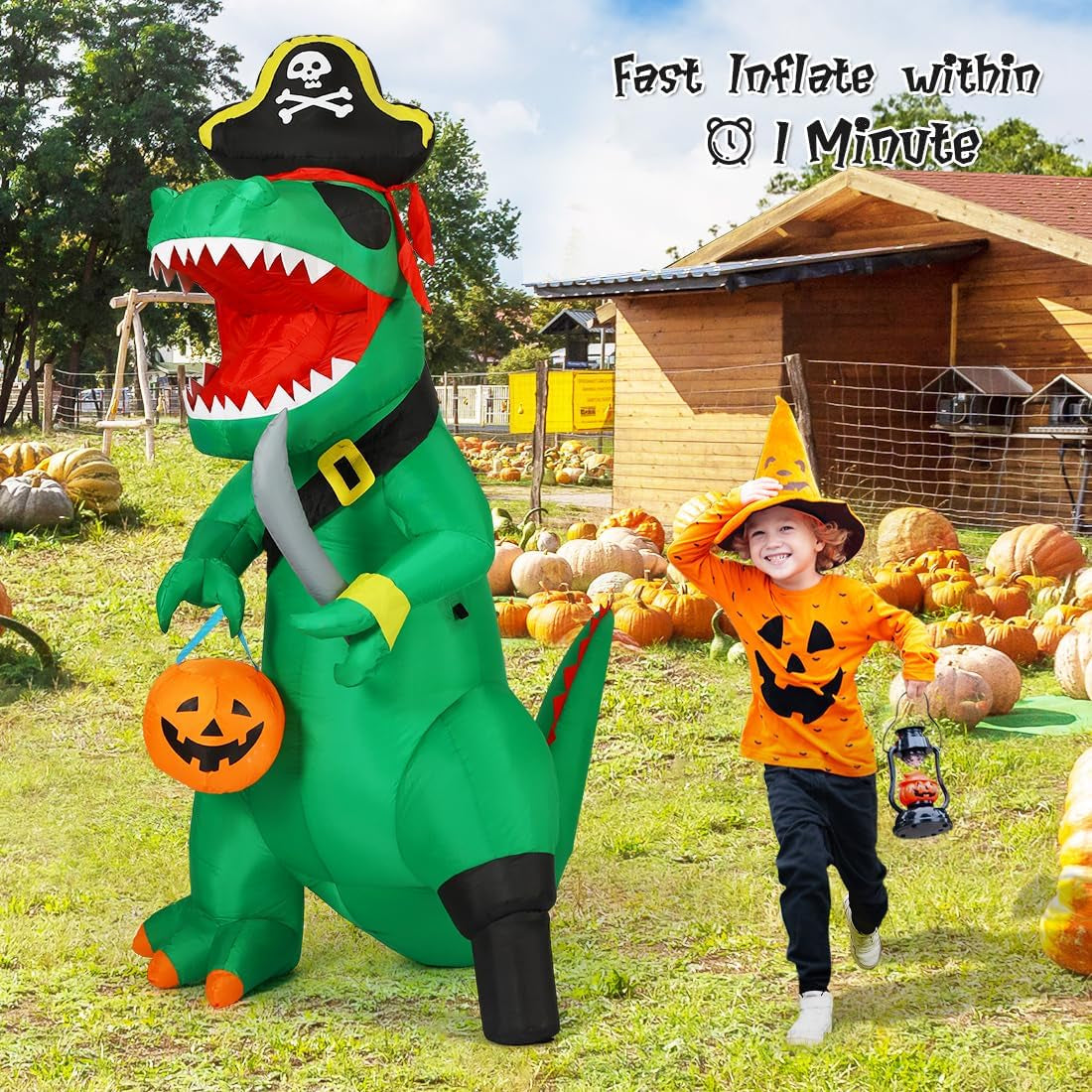 7 FT Halloween Inflatables Dinosaur Outdoor Decorations Blow up Yard Pirate Dinosaur with Pumpkin Decoration with Built-In Leds for Indoor Party Garden Lawn Decor