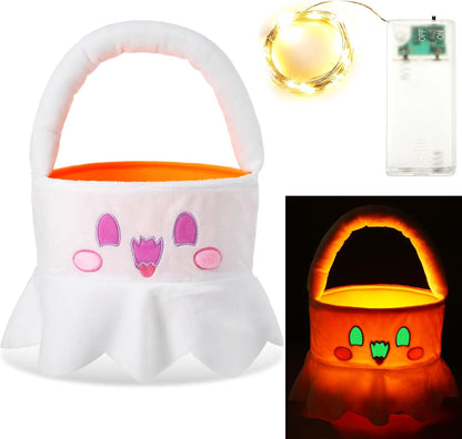 Halloween Trick or Treat Baskets Plush Glow in the Dark Candy Bucket Bag Halloween Pumpkin Ghost Black Cat Glow Candy Tote Bag for Halloween Gifts Party Favors(Ghost)