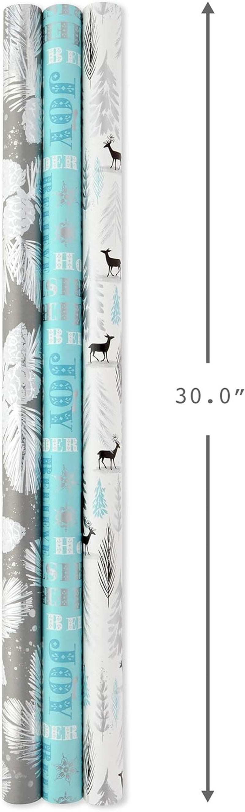 Christmas Wrapping Paper Bundle with Cutlines on Reverse (3 Rolls: 80 Sq. Ft. Ttl) Teal and Silver, Elegant Woodland with Deer, Holographic Pinecones