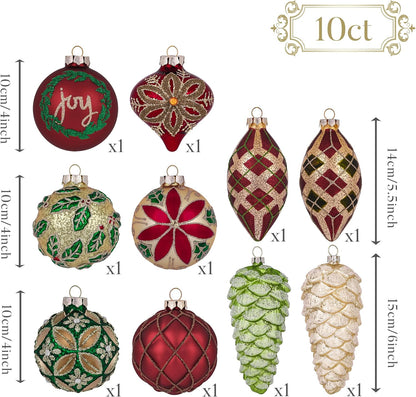 Glass Christmas Ornaments Set, 10Ct Red Green and Gold Mercury Blown Glass Christmas Tree Ball Decorations, Traditional Country Xmas Hanging Teardrop Finial Bulk for Holiday Decor