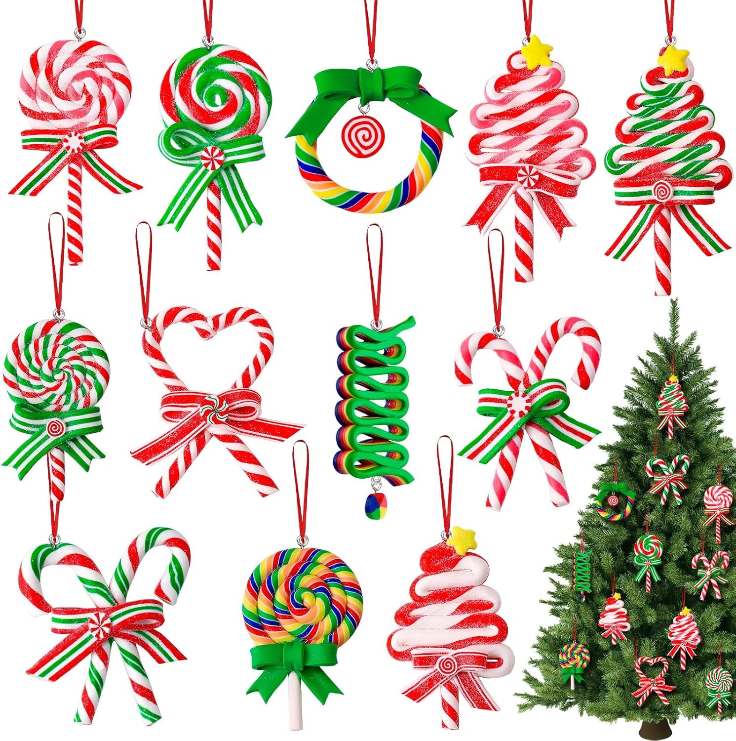 XIIMISHOP 12PCS Glitter Candy Cane Ornaments, Christmas Tree Decorations Polymer Clay Peppermint Holiday Party Home Decor