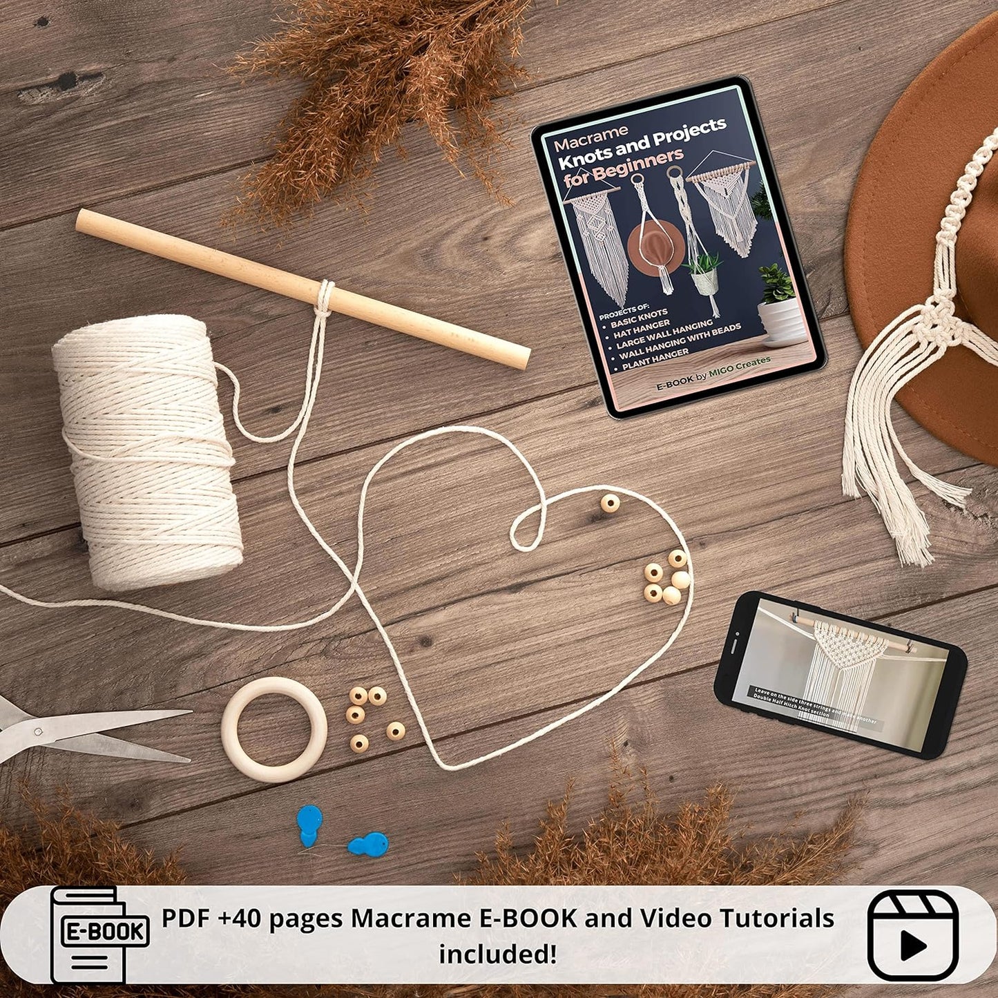 Macrame Kits for Adults Beginners: DIY Macrame Kit with 220 Yards Macrame Cord and 58Pcs Macrame Supplies. E-Book Tutorial for 5 Macrame Projects and Knots Included!