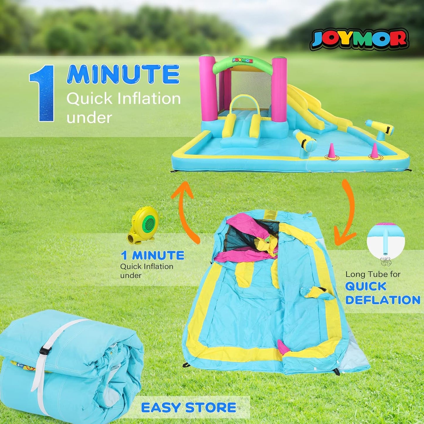 Inflatable Bounce House with Double Water Slide for Kids Toddler Age 3-10, Splash Pool Water Guns Ring-Toss Game for Outdoor Backyard Fun Water Toys Indoor Bouncy Castle with Air Blower