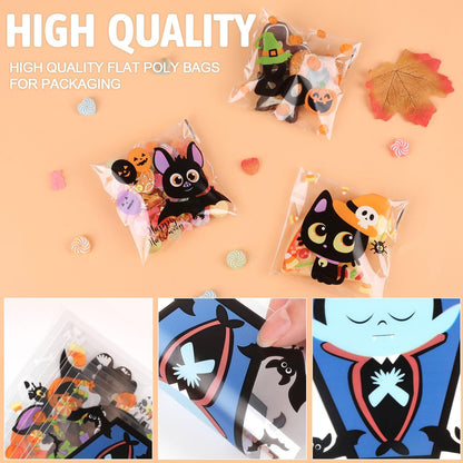 200Pcs Halloween Candy Bags,Self-Adhesive Cellophane Treat Bags 8 Styles Cute for Kids Gift Packing Party Favor Supplies