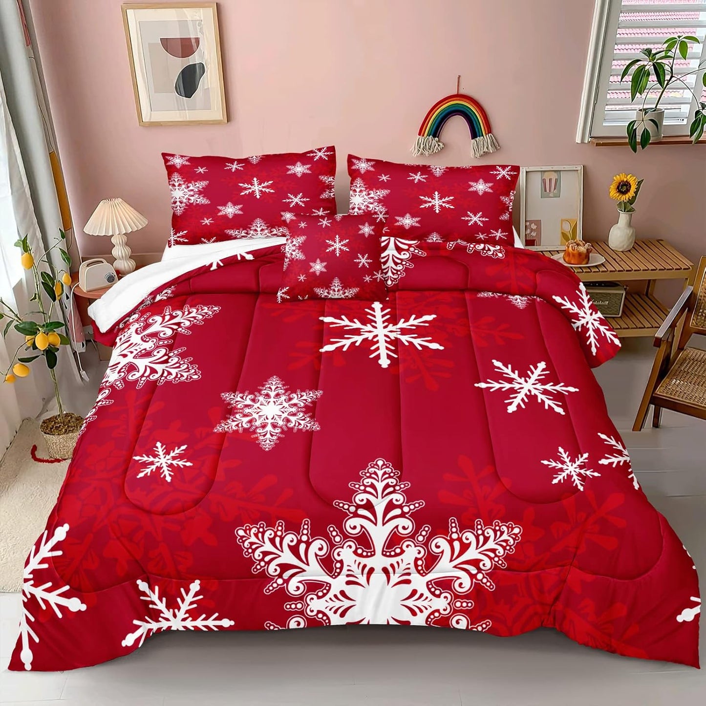 Christmas Comforter Set King Red Snowflake Comforter Set 4 Pcs White Christmas Snowflake Pattern Kids Girls Boys Xmas Christmas Bedding Set 1 Comforter 2 Pillowcases 1 Cushion Cover (King, Snowflake)