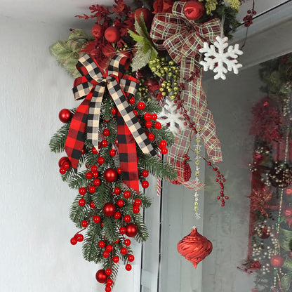 Christmas Swag Artificial Teardrop Swag Wreaths with Pine Cone Red Berry Christmas Ball Artificial Christmas Pine Branch Teardrop Door Swag Decoration for Xmas Front Door Outdoor Indoor Wall