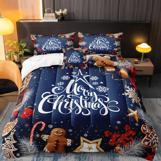 Christmas Bedding Set Queen Size Blue Christmas Comforter Set for New Year White Snowflake and Gingerbread Man Printed Design Christmas down Comforter Set