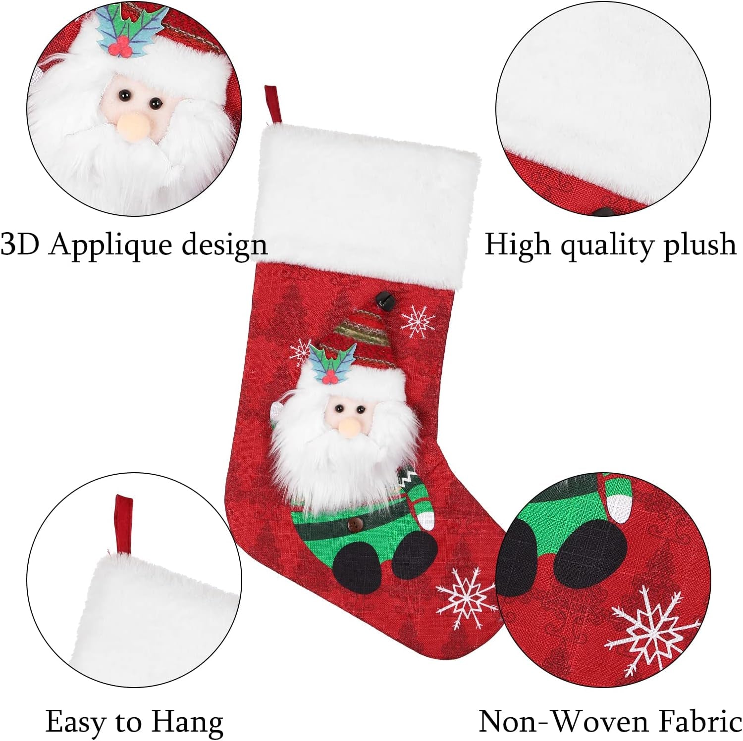 Christmas Stockings 4 Pack, 19'' Xmas Stockings with Snowflake Santa Snowman Reindeer Penguin and Plush Faux Fur Cuff Stockings for Stairs Fireplace Hanging Xmas Home Decor