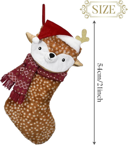 21Inch Sika Christmas Stocking, Cute Plush Personalized Fireplace Red Brown Hanging Stockings for Holiday Party Christmas Decorations and Xmas Gifts