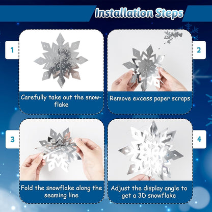 Winter Christmas Snowflake Decorations Indoor, 24PCS 3D Silver Rose Gold Snowflakes Christmas Hanging Ornaments for Home Xmas Christmas Holiday Winter Wonderland New Year Party Decor Supplies