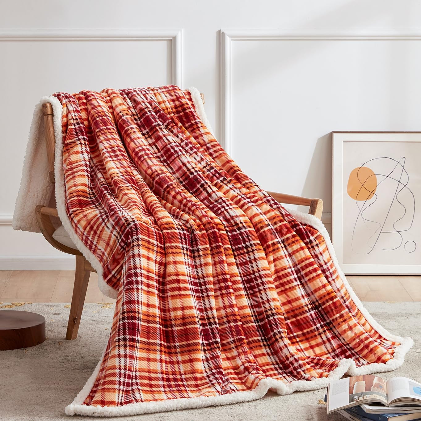 Sherpa Halloween Plaid Throw Blanket(60" X 70", Plaid Orange), Fuzzy Fluffy Cozy Soft Blanket, Fleece Flannel Plush Twin Size Microfiber Blanket for Couch Bed Sofa