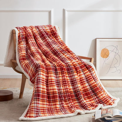 Sherpa Halloween Plaid Throw Blanket(60" X 70", Plaid Orange), Fuzzy Fluffy Cozy Soft Blanket, Fleece Flannel Plush Twin Size Microfiber Blanket for Couch Bed Sofa