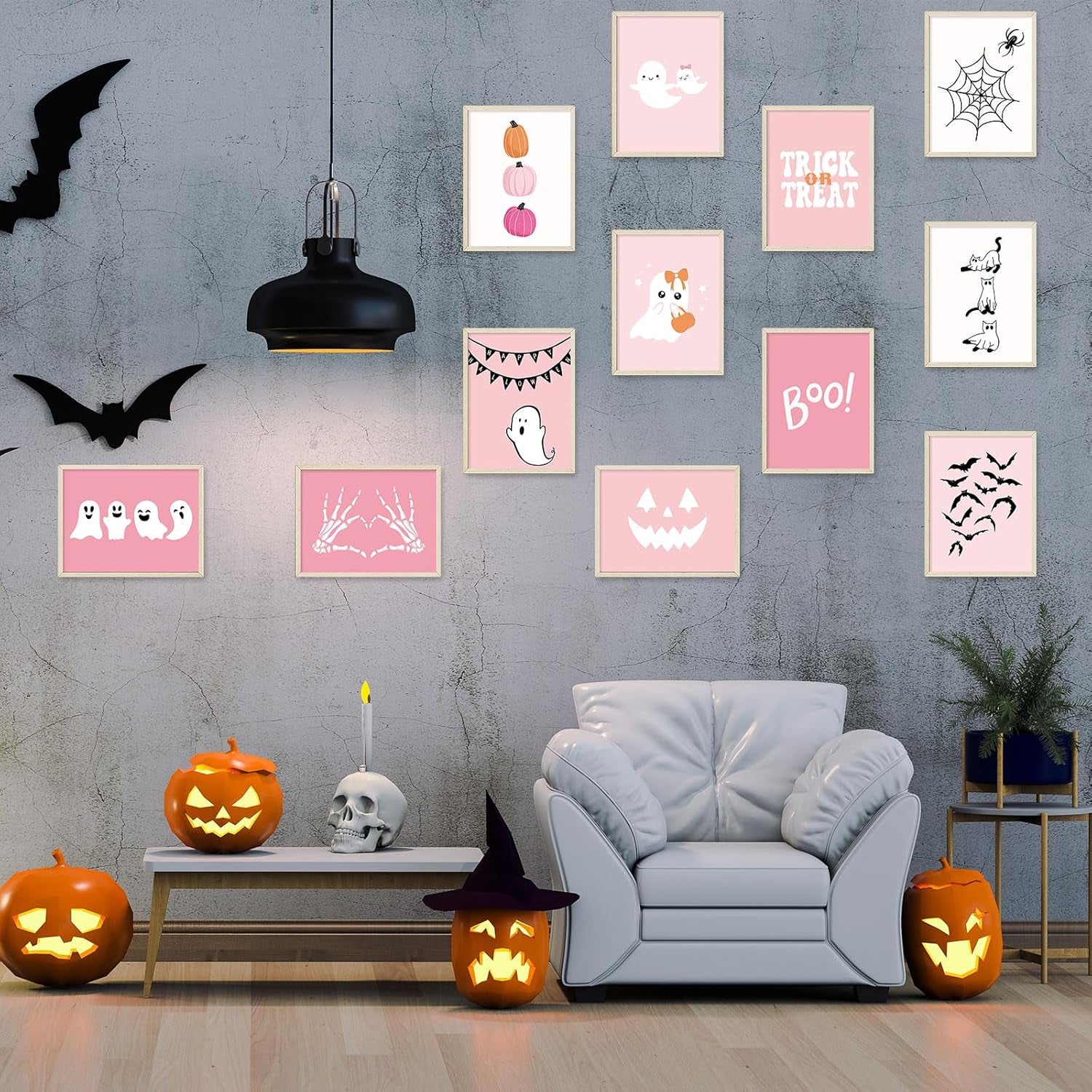Halloween Wall Art Prints Pink Cute Ghost Boo Paper Posters Halloween Picture Decoration for Party Gallery Living Room Office, 8 X 10 Inch, Unframed