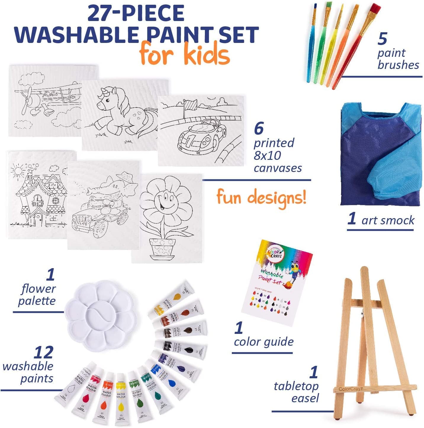 Paint Set for Kids - 27 Piece Art Kit for Girls & Boys Ages 4-10 - Non-Toxic Washable Painting Supplies with Canvases, Brushes Easel Smock & More - Fun & Creative Gift Idea for Children