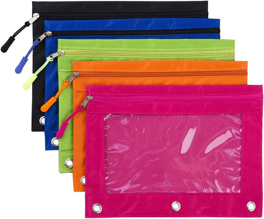 Binder Pencil Pouch with Zipper Pulls, Pencil Case with Rivet Enforced 3 Ring, Multicolored 5 Pack