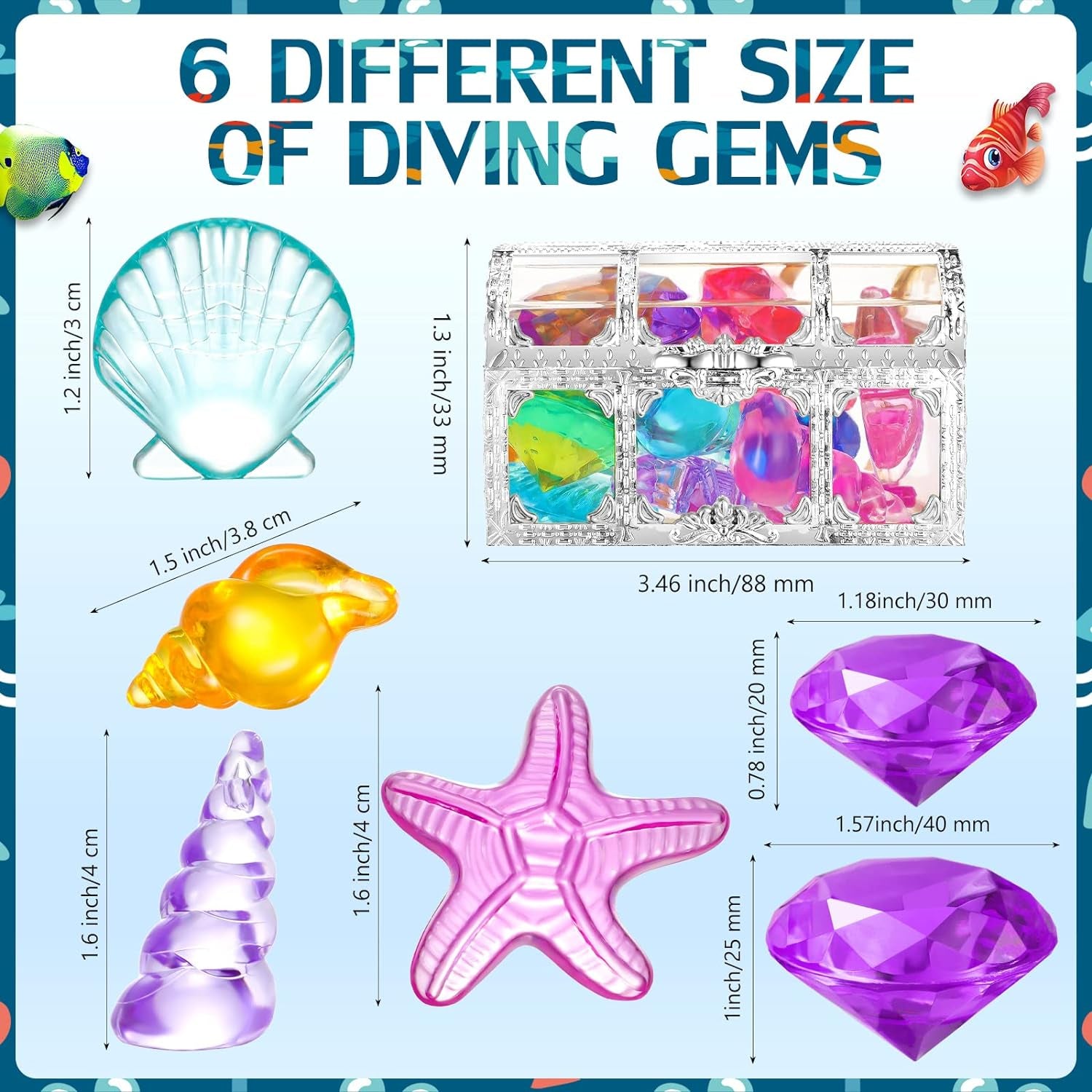 24 Pcs Diving Gems Toys Colorful Mermaid Pool Toys with 2 Treasure Pirate Boxes Summer Treasure Toys Set for Girls Underwater Swimming Birthday Prizes Decoration(Ocean Style)