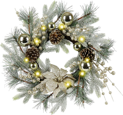 Christmas Wreath 20-Inch Christmas Decorations Wreath with Christmas Balls, Pine Cones, Golden Berries, Pine Needle and Christmas Flower for Outdoor Indoor Window Mantle Christmas Decorations