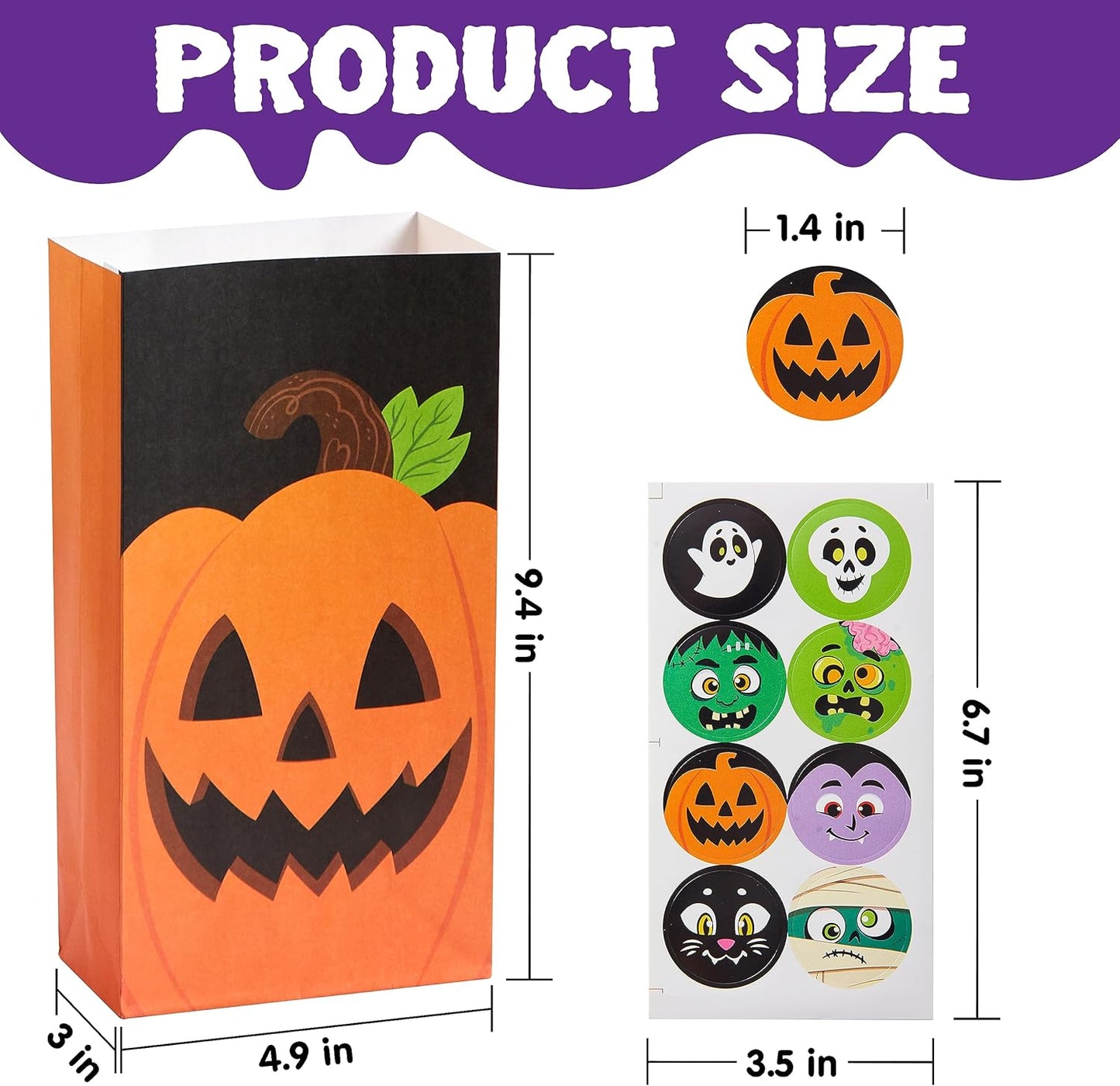 72PCS Halloween Treat Bags, 6 Styles Trick or Treat Paper Bags with Stickers, Halloween Goodie Bags for Kids, Halloween Candy Bags, Halloween Party Favors Decorations