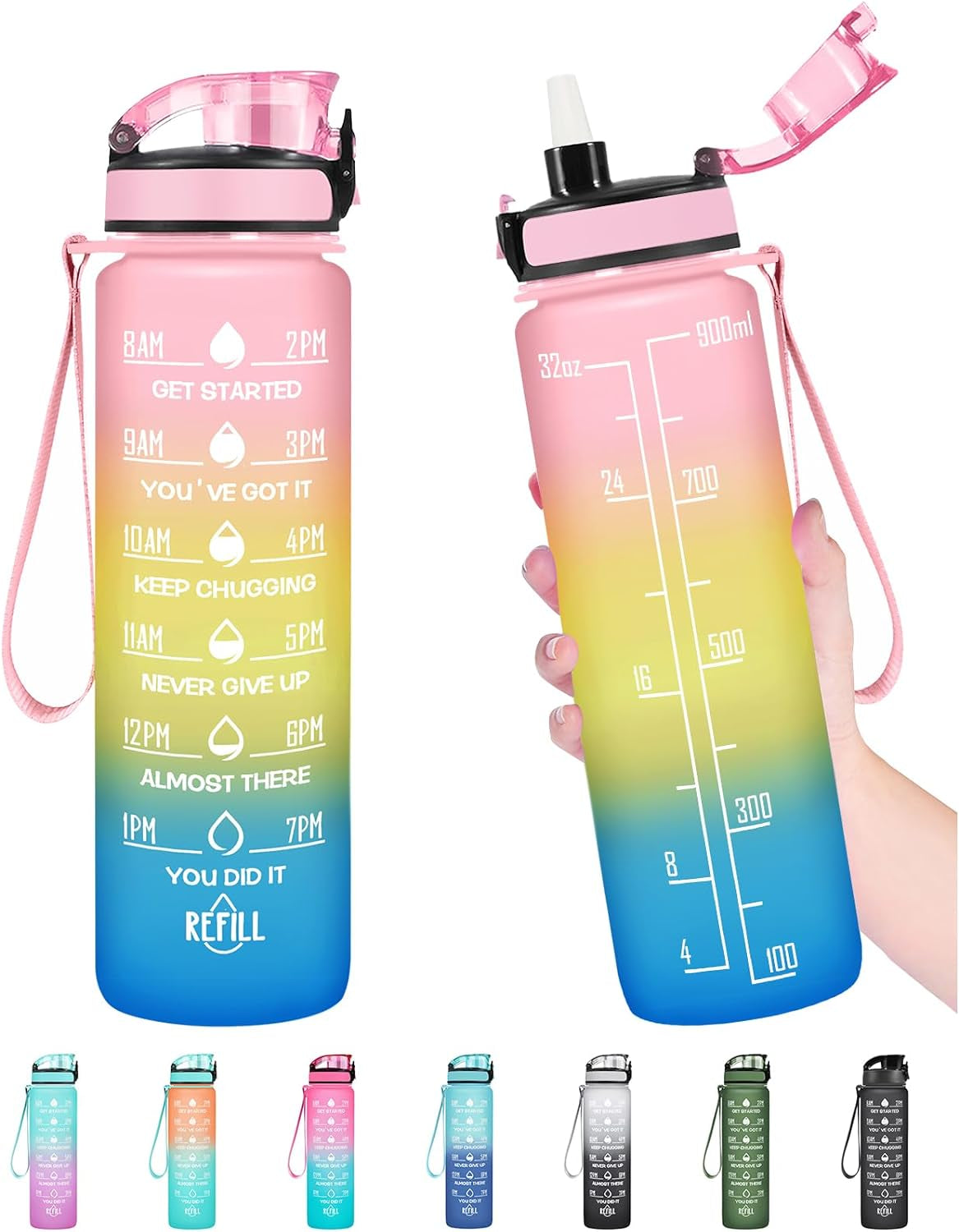 32 Oz Water Bottle, Leakproof BPA & Toxic Free, Motivational Water Bottle with Times to Drink and Straw, Fitness Sports Water Bottle with Strap for Office, Gym, Outdoor Sports, Gray-Black