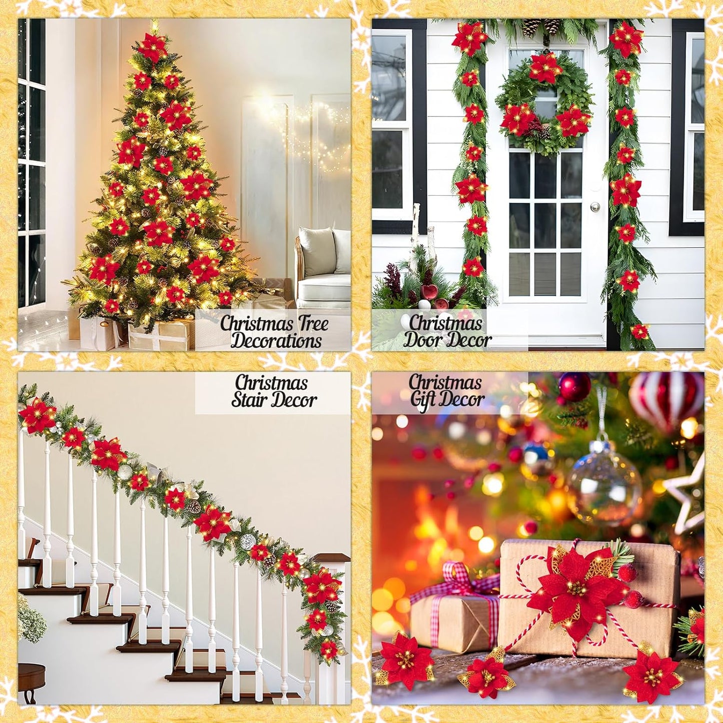 28PCS Christmas Tree Decorations: Poinsettias Artificial Flowers Ornaments Xmas Red Glitter Flower with Clips,3 Sizes(Not Included Stems)