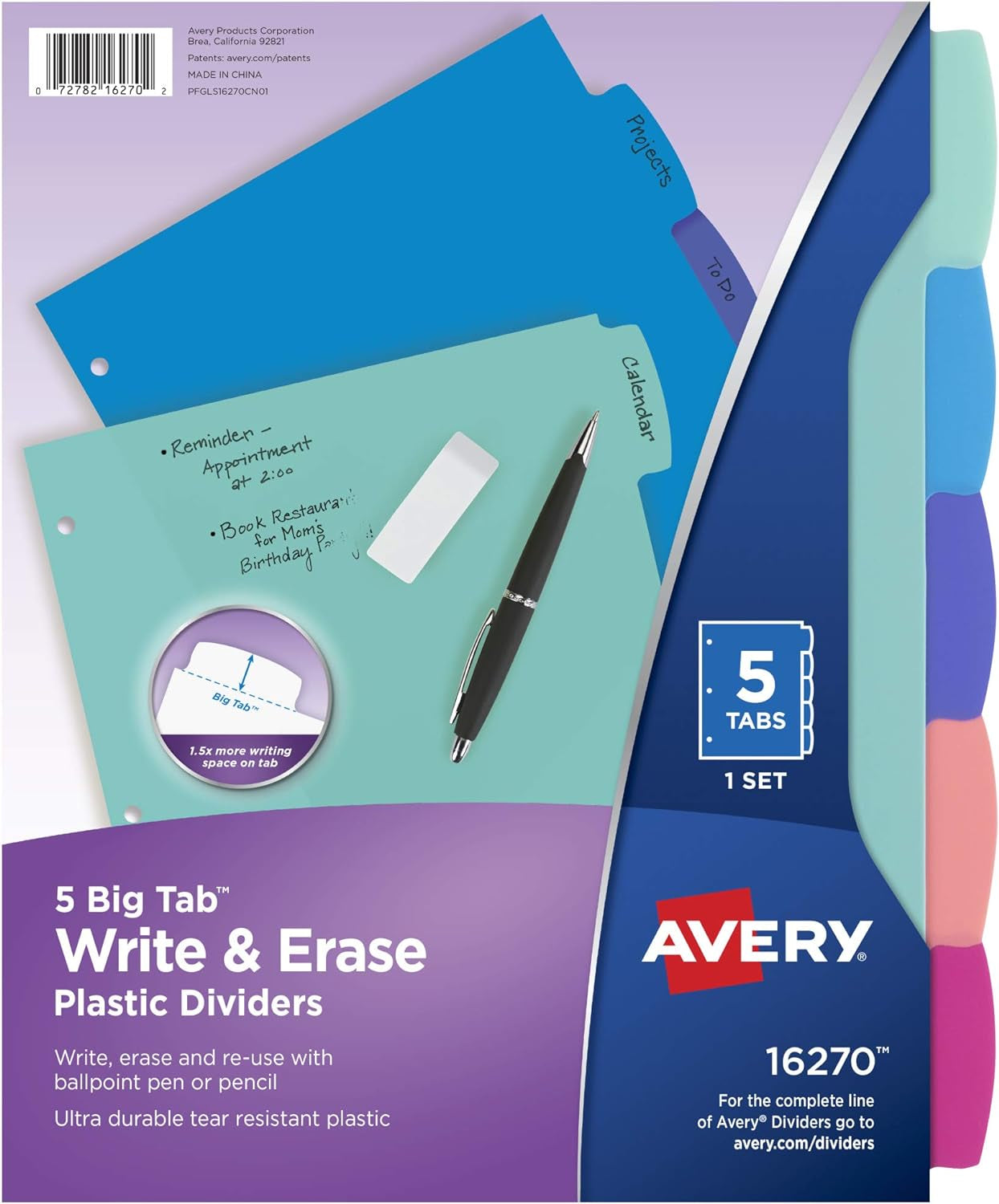 Durable Plastic 8-Tab Write & Erase Big Tab Dividers for 3 Ring Binders, Pastel Brights (16271)