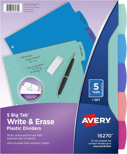 Durable Plastic 5-Tab Write & Erase Big Tab Dividers for 3 Ring Binders, Pastel Brights (16270)