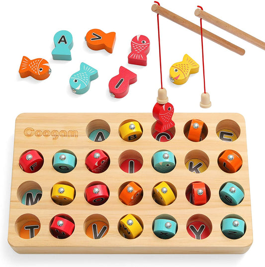 Wooden Magnetic Fishing Game, Fine Motor Skill Toy ABC Alphabet Color Sorting Puzzle, Montessori Letters Cognition Preschool Gift for Years Old Kid Early Learning with 2 Pole