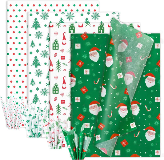 Christmas Tissue Paper, 60 Sheets Vintage Green and Red Tissue Paper for Gift Bags Gift Wrap Crafts Packaging, Santa Snowflakes Xmas Wrapping Paper for Holiday New Year Party Decor, 20X14In