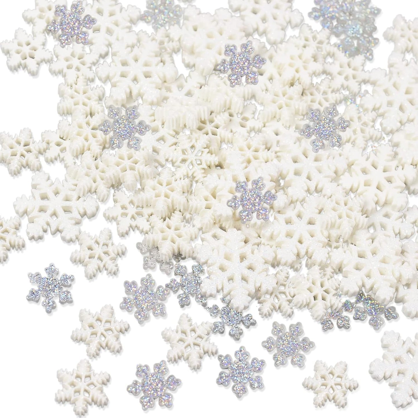 100Pcs Mini Snowflake Ornament Christmas Decorations- Glitter Resin White and Clear Snowflakes Christmas Craft Embellishment for DIY Craft Xmas Tree Winter Party Table Decor (3 Sizes)