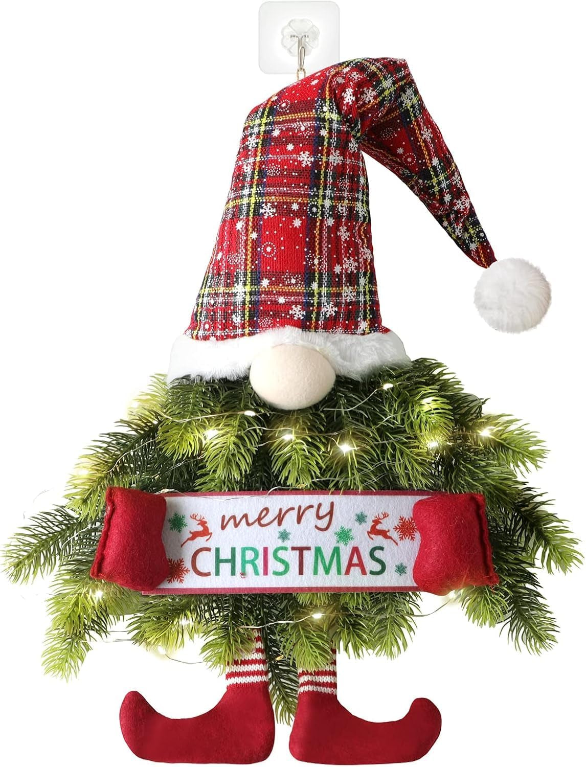 30 Inch Christmas Wreath Gnome, Pine Needle Christmas Gnome Wreath for Front Door, Hanging Ornament Swedish Tomte Christmas Decorations Wreath for Room Window Porch with Led String Lights