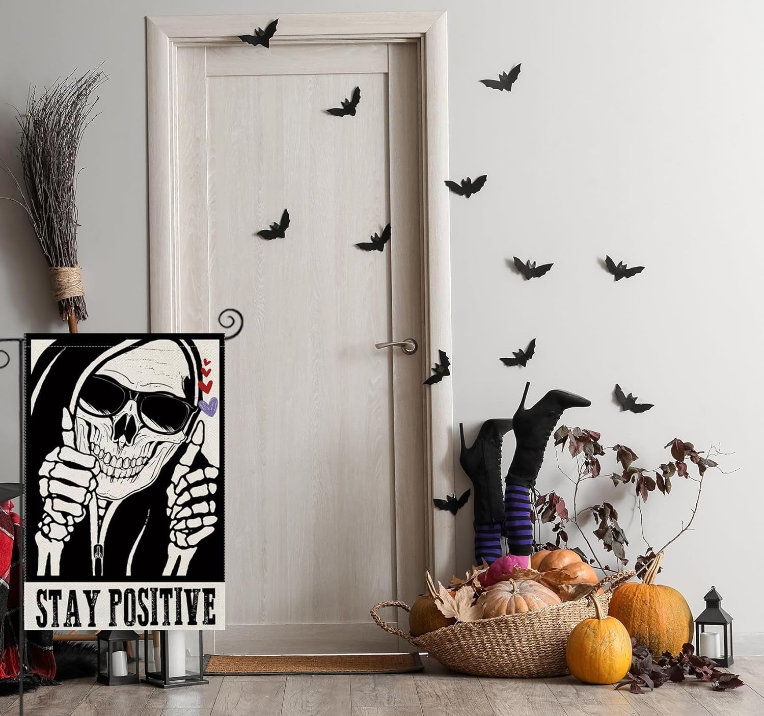 Halloween Garden Flags for outside Decoration, STAY POSITIVE Funny Skeleton Small Yard Flag for Outdoor Decor 12X18 Inch Vertical Double Sided