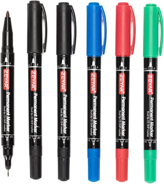 Twin Tip Permanent Markers, CD/DVD Markers, 4 Color, Ultra Fine Point and Fine Point for Signature and Marking (3 Black, 1 Red, 1 Green, 1 Blue)