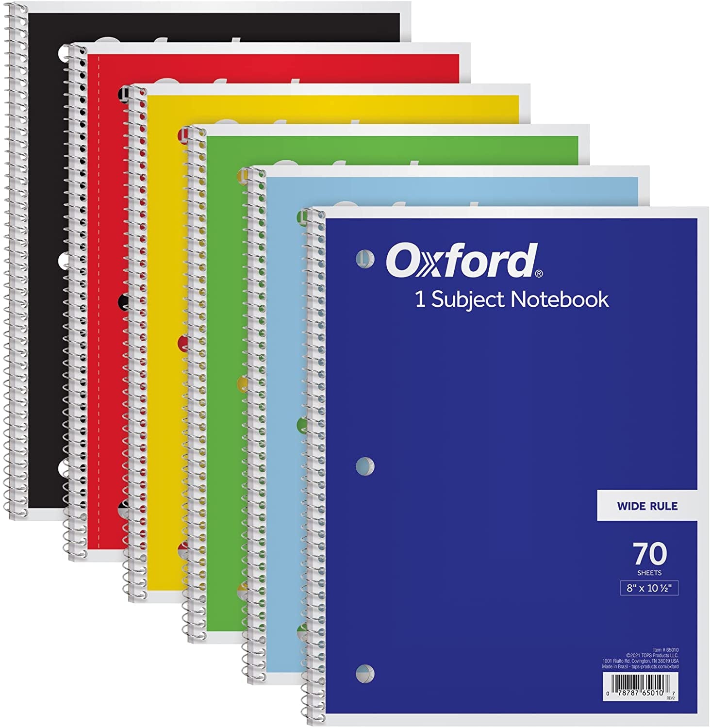 Spiral Notebook 6 Pack, 1 Subject, Wide Ruled Paper, 8 X 10-1/2 Inch, Blue, Yellow, Red, Light Blue, Green and Black, 70 Sheets (65010)