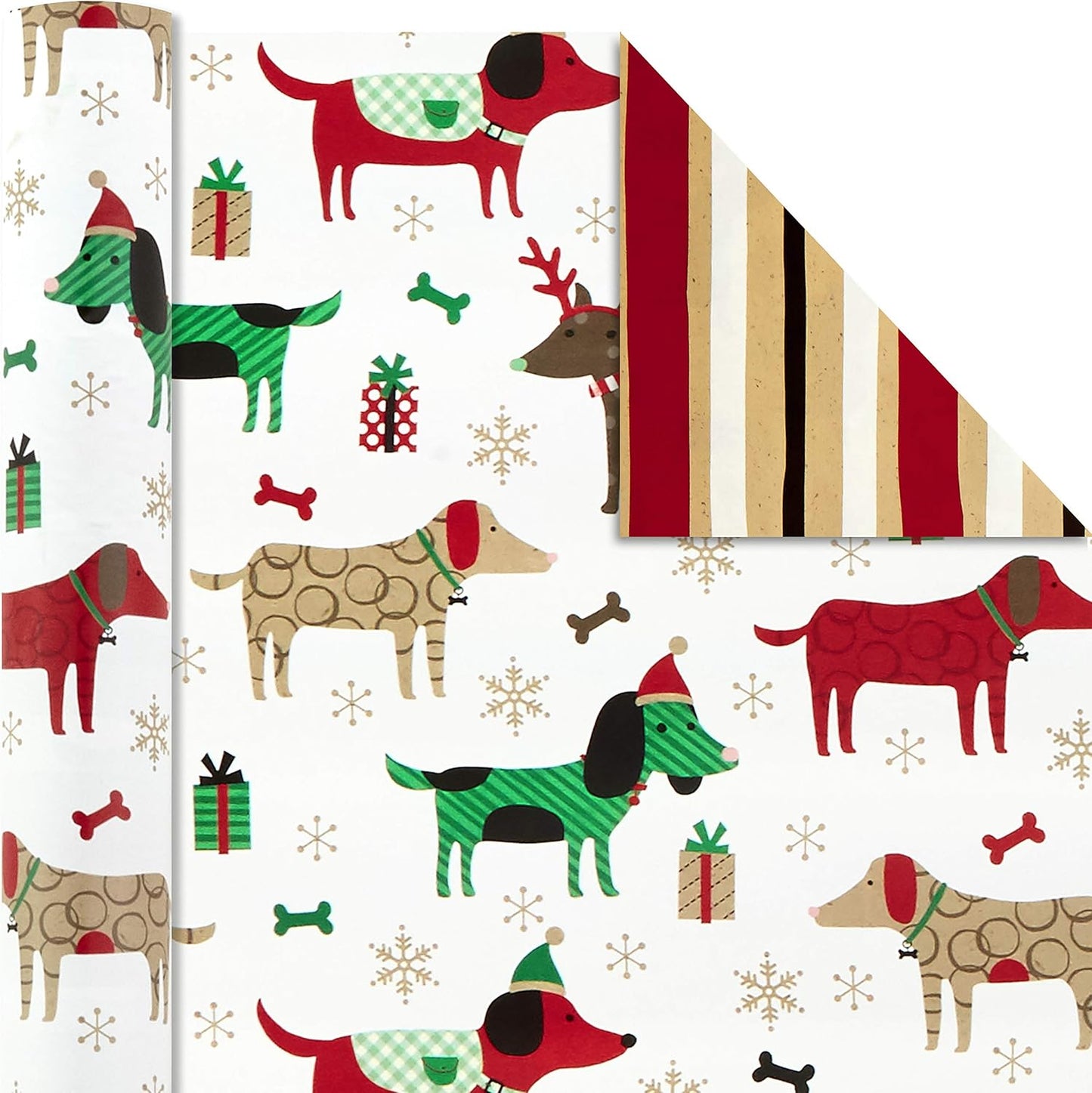 Christmas Reversible Wrapping Paper Bundle, Pets and Patterns (Pack of 3, 120 Sq. Ft. Ttl) Cats, Dogs, Stripes, Polka Dots, Paw La La La (5JXW1035)