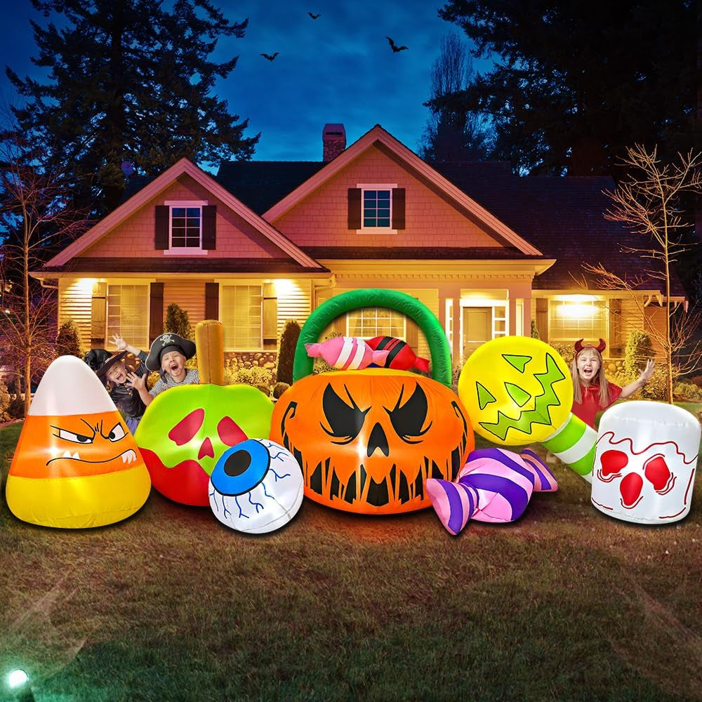 10 FT Halloween Inflatables Pumpkin Decoration with Candy Eyeball Combo Led Light Halloween Inflatables Outdoor Decorations Blow up Inflatables for Halloween Decor Holiday Party Lawn Yard Garden Décor