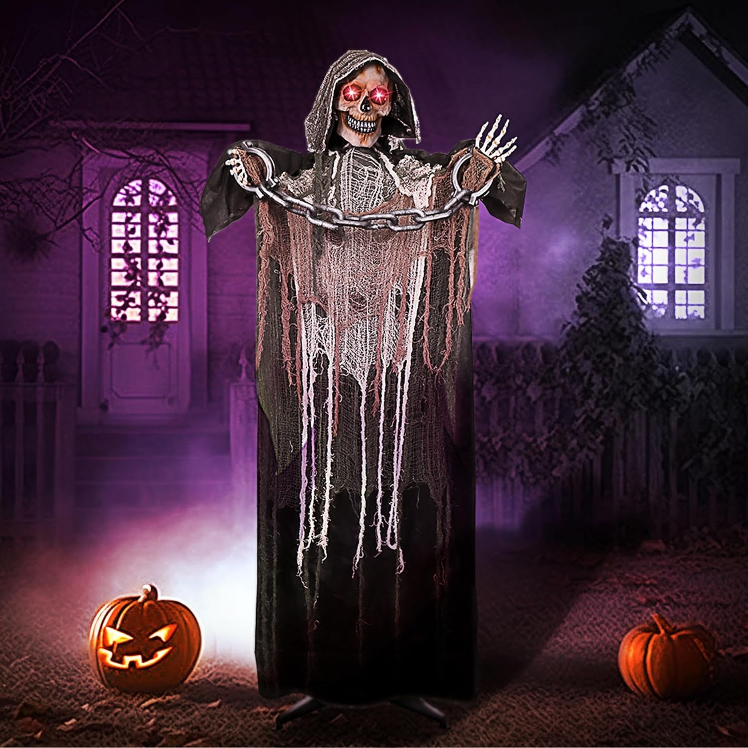 67" Halloween Decorations Outdoor Life Size Animatronics Grim Reaper with Chain, Sound-Actived Halloween Party Decoration with Creepy Sound, Scary Haunted House Props for Garden Yard Lawn