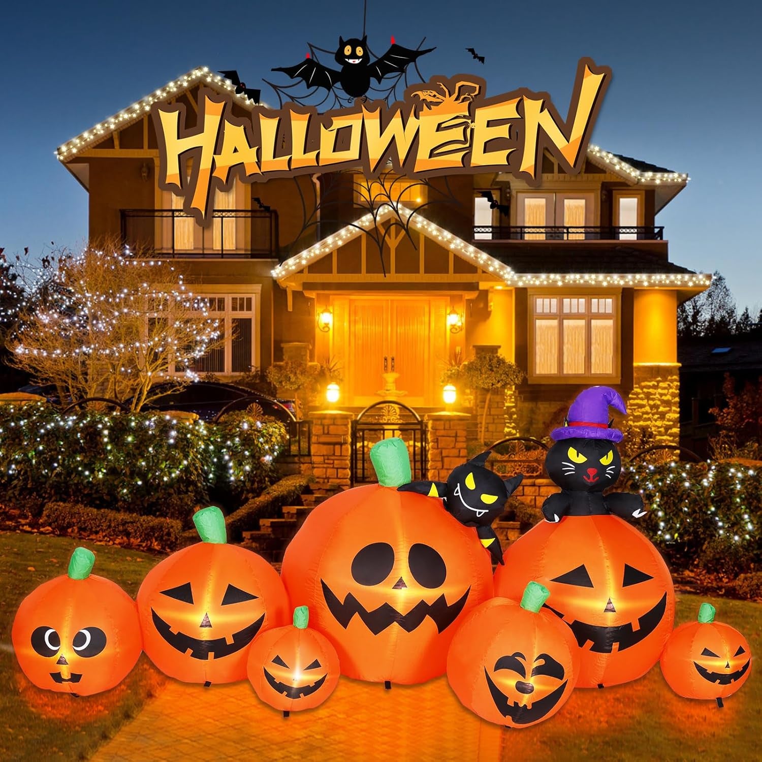 8 FT Halloween Inflatable Pumpkins with Ghosts Decorations Outdoor, Blow up Yard Decoration with Built-In LED Lights Décor for Outdoor Lawn Garden Holiday Party