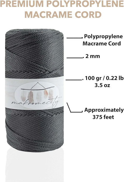 , Polyester Macrame Cord 2Mm X 125 Yards (375 Feet) 2Mm Polypropylene Anthracite Macrame Cord Crochet Macrame Bag Cord Crafts for Wall Hangings, Bags, Underplate, Rug